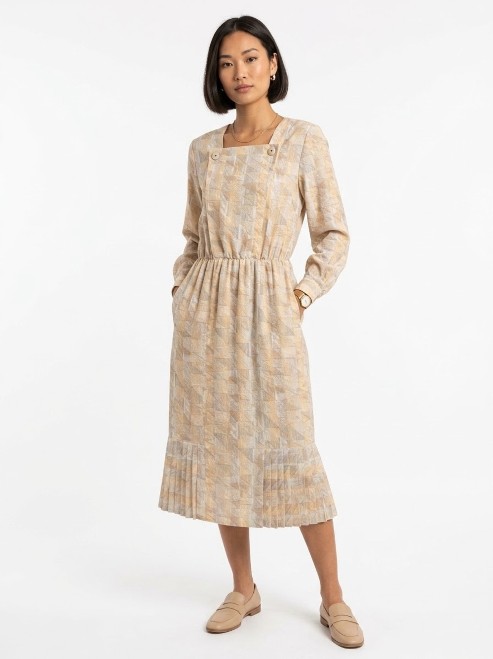 Vintage Square Neck Maxi Dress Prairiecore Pleated Feminine Cottagecore Country
